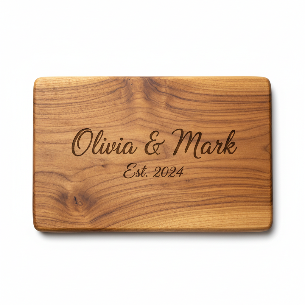 Custom engraved wooden cutting board personalized with names and date