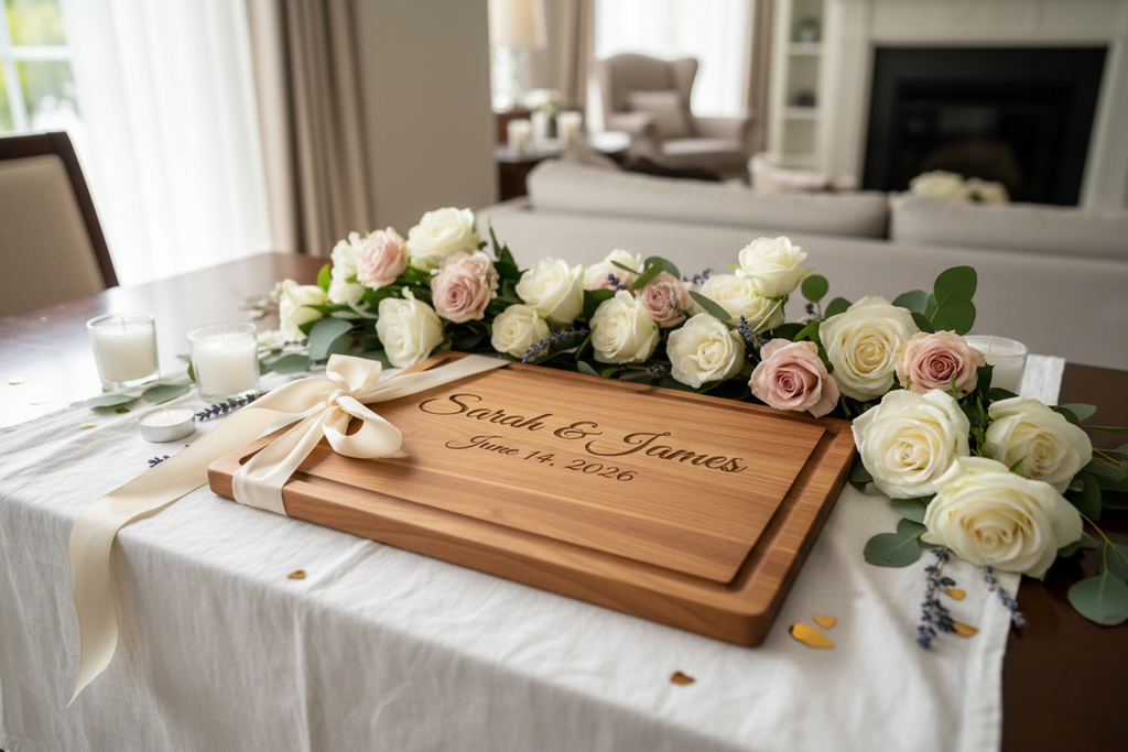 Custom engraved cutting board displayed as a wedding gift with flowers and ribbon