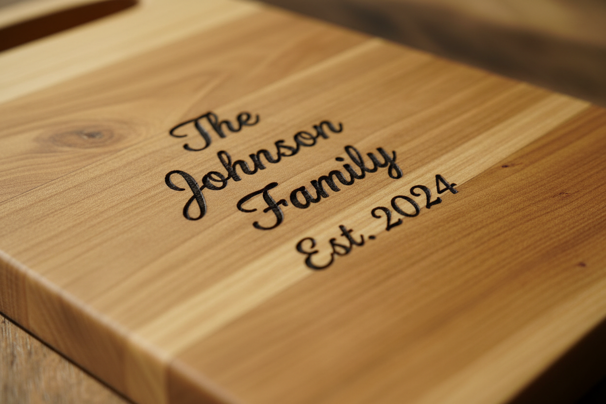 Close-up of laser engraving detail on wooden cutting board showing wood grain texture